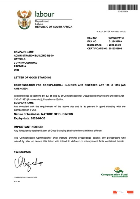 South Africa letter of good standing Word and PDF template